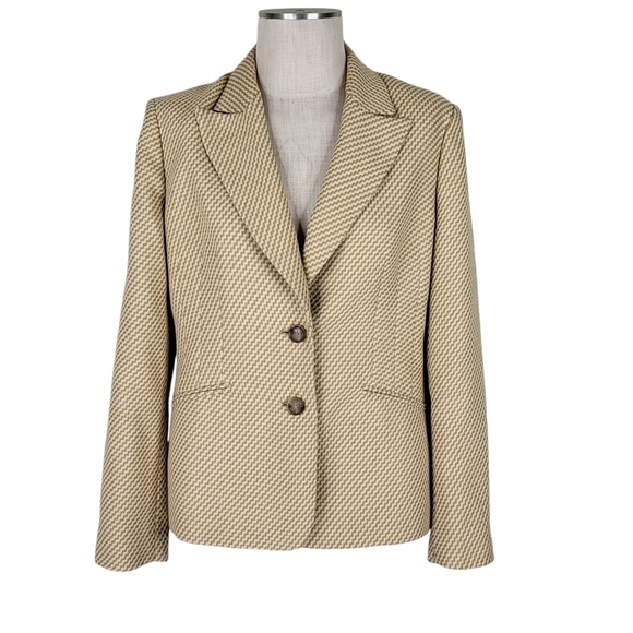 Kasper Blazer Size 12 Gold Beige Textured Long Sleeve Faux Flap Pockets Lined - Picture 1 of 12